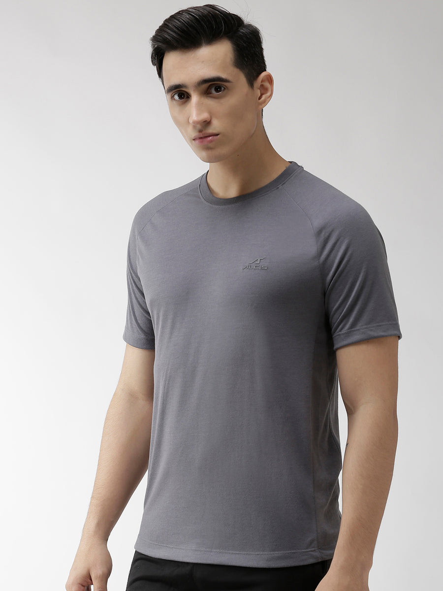 Alcis Men Charcoal Grey Solid Round Neck Slim Fit Training T Shirt