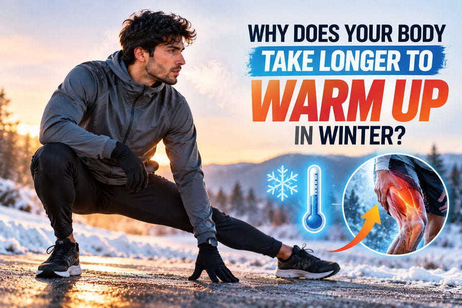 Man warming up outdoors in winter with cold-weather workout gear and muscle temperature illustration