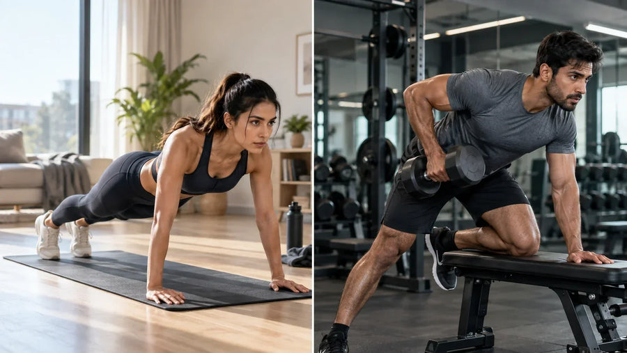 Home workout vs gym workout comparison split image