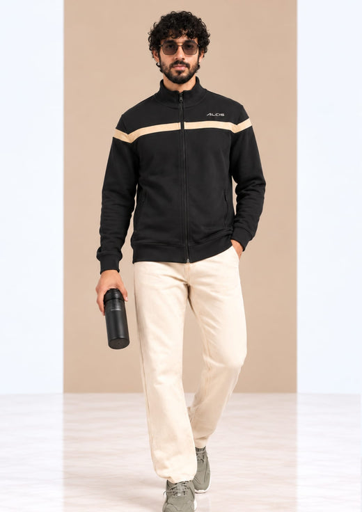 Men Black Contrast Stripe Full-Zip Sports Jacket