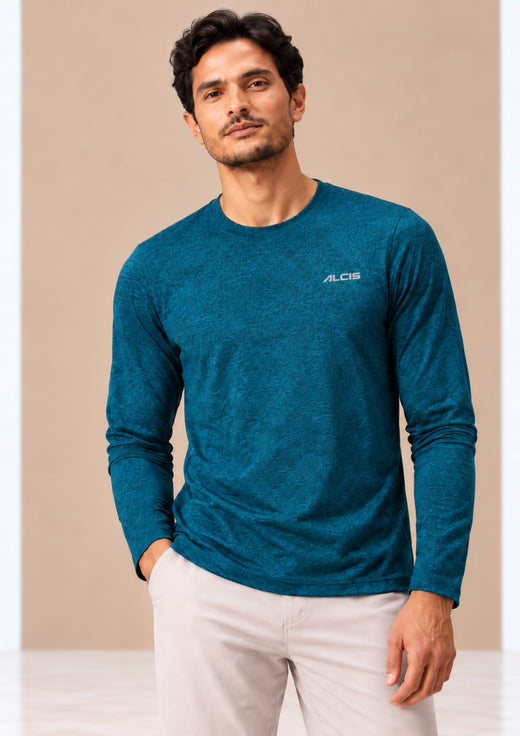 Men Teal Slim Fit Crew Neck Full Sleeve Sports T-Shirt