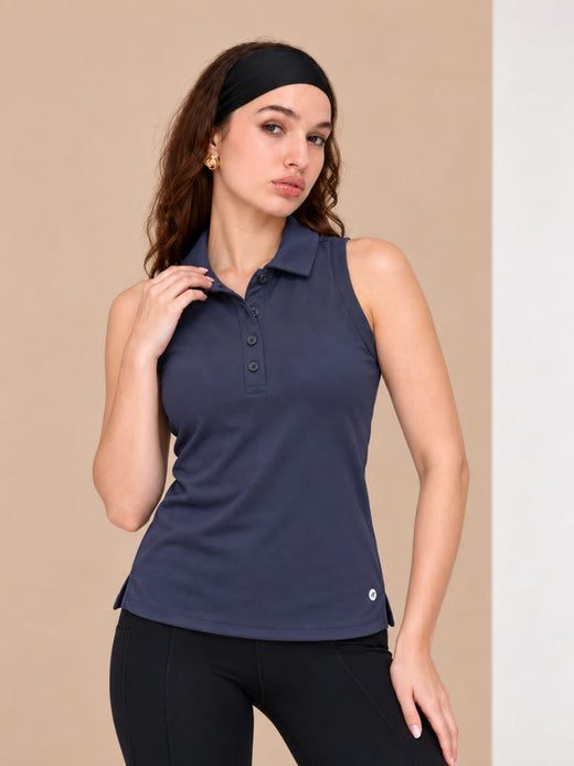 Navy Chic Sleeveless Polo Tank