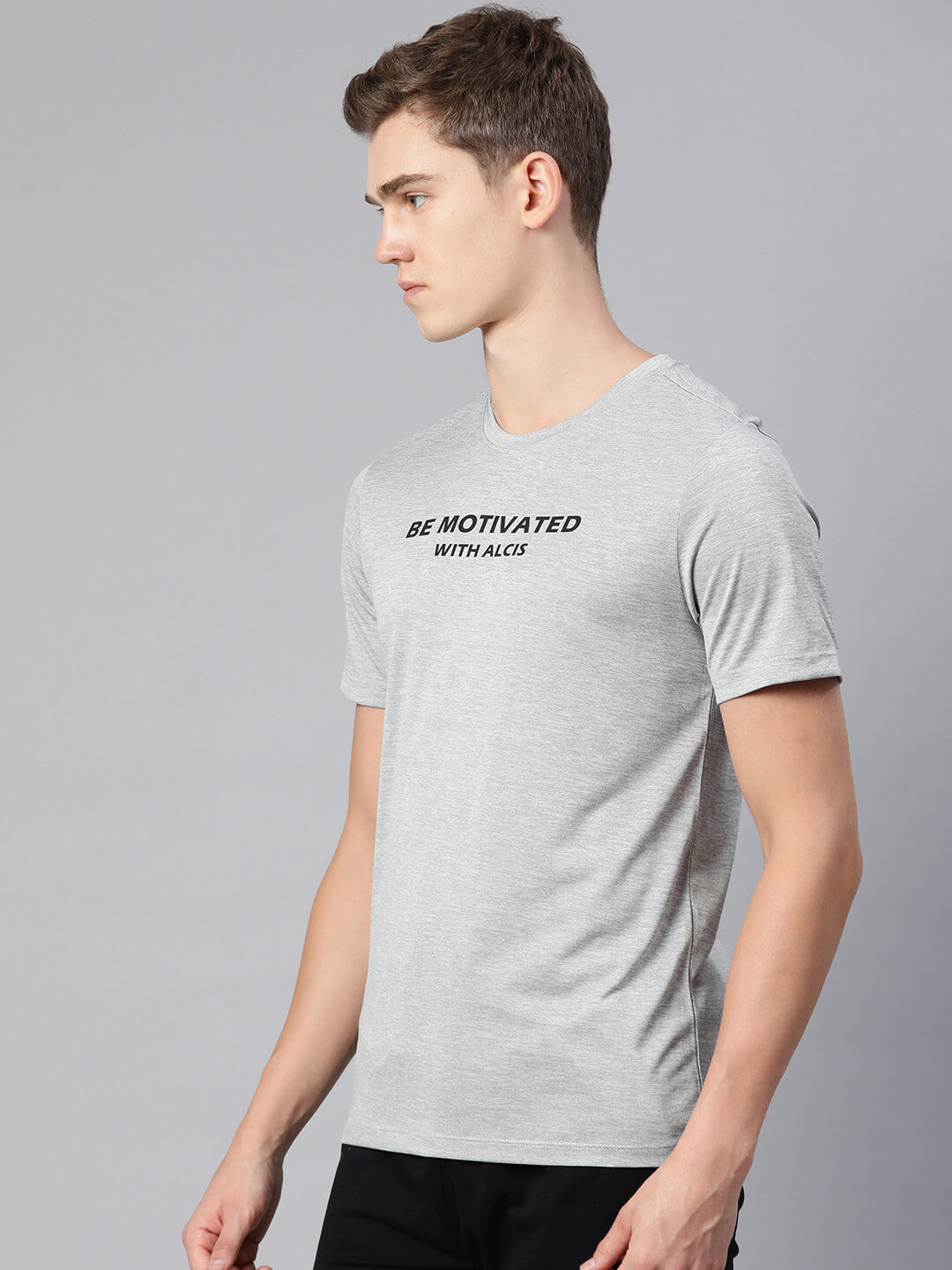 Alcis Men Grey Typography Printed Dry Tech Slim Fit T-shirt