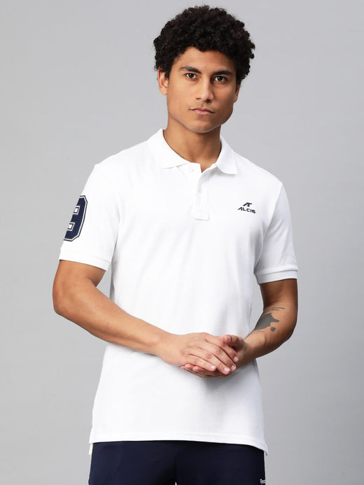 Alcis Men White Typography Printed Polo Collar Dry Tech Slim Fit T-shirt