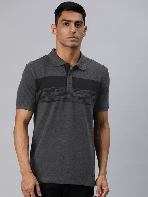 Alcis Men Grey Melange Printed Polo Collar T-shirt