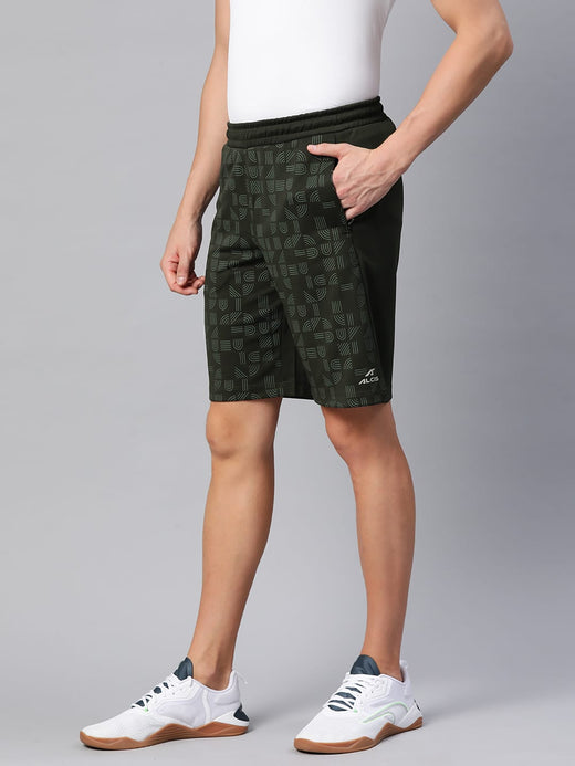 Alcis Men Olive Green Printed Slim Fit Training or Gym Sports Shorts