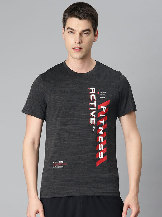 Alcis Men Grey Typography Printed Anti Static Slim Fit Sports T-shirt