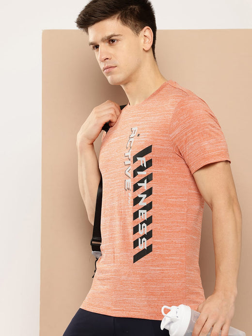 Alcis Men Peach Typography Printed Anti Static Slim Fit Sports T-shirt