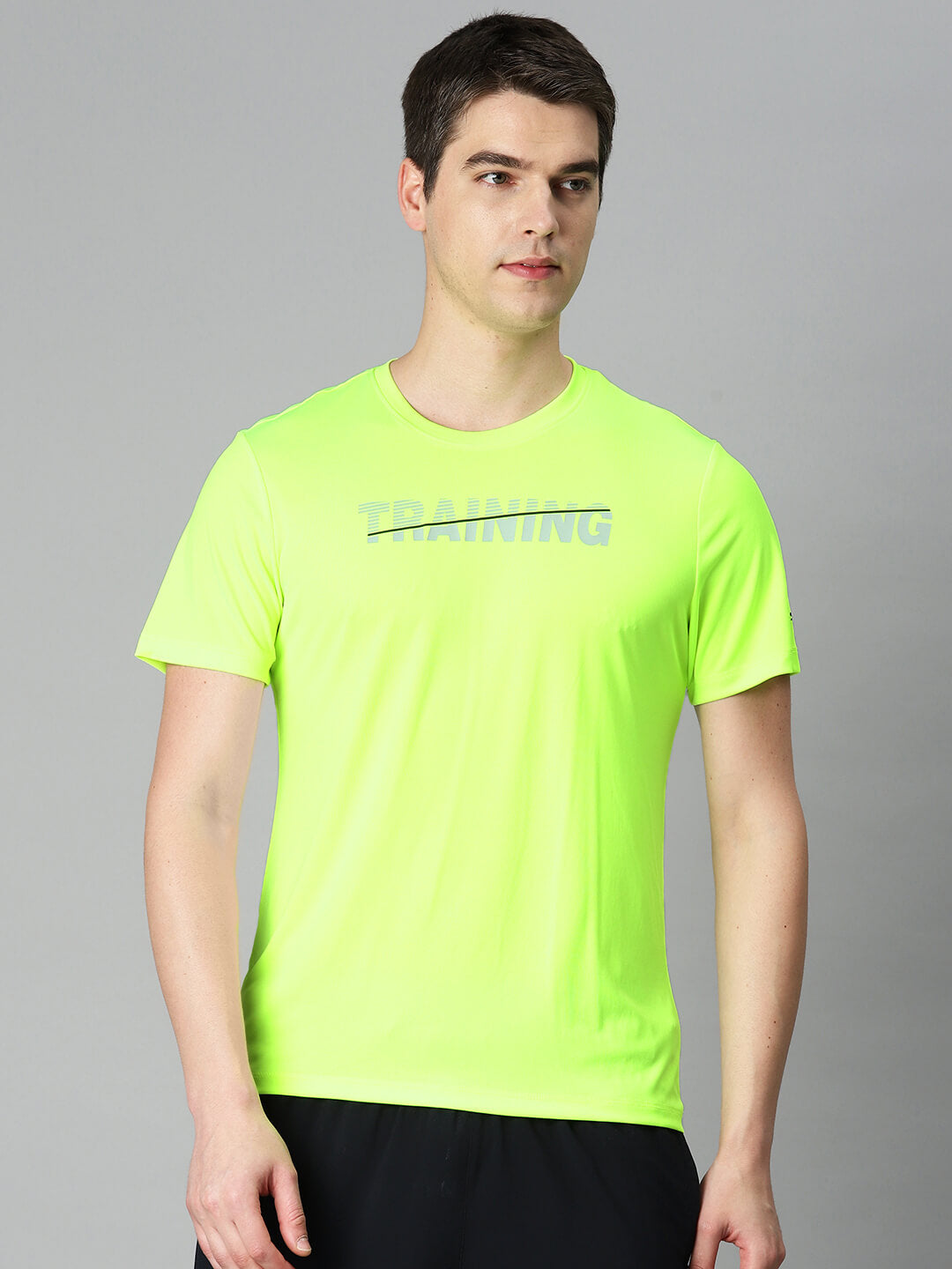 Alcis Men Fluorescent Green Typography Printed Anti Static Slim Fit Sports T-shirt