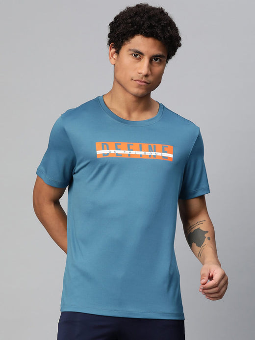 Alcis Men Blue Typography Printed Anti Static Slim Fit T-shirt