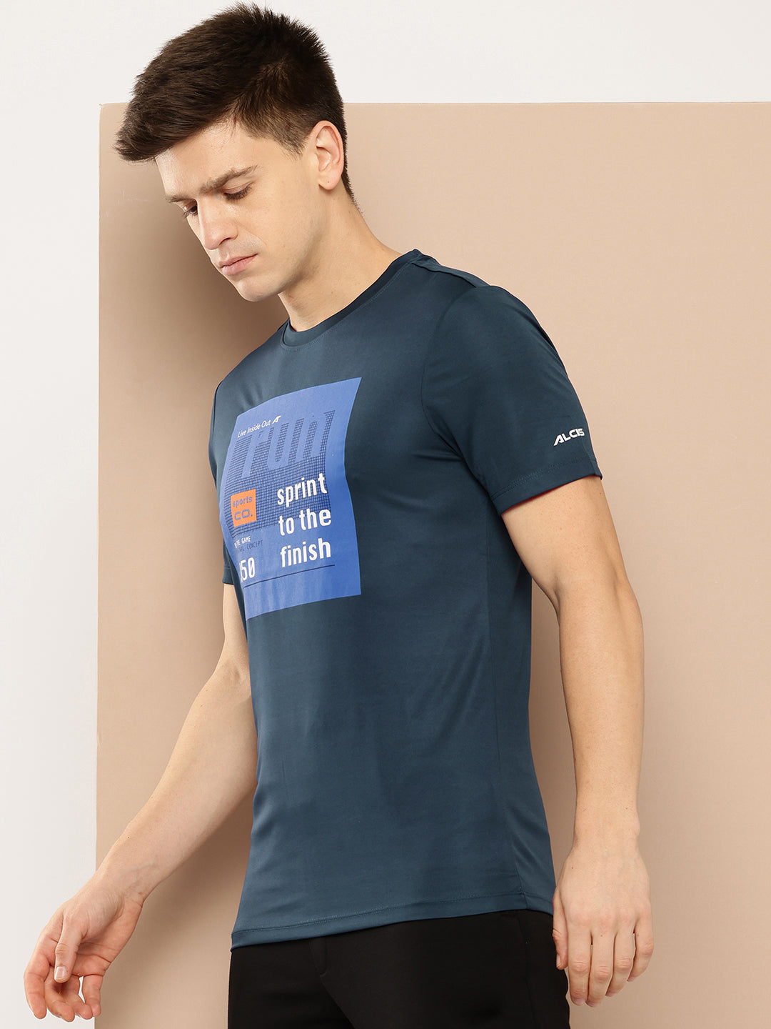 Alcis Men Blue Typography Printed Anti Static Slim Fit Sports T-shirt