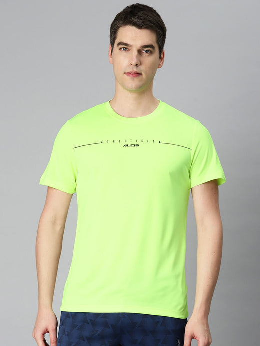 Alcis Men Fluorescent Green Typography Printed Anti Static Slim Fit Sports T-shirt