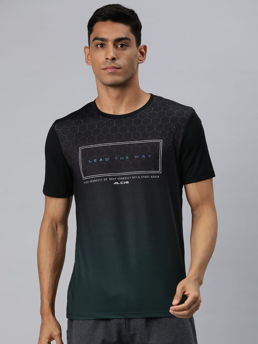 Alcis Men Green Typography Printed Anti Static Slim Fit T-shirt