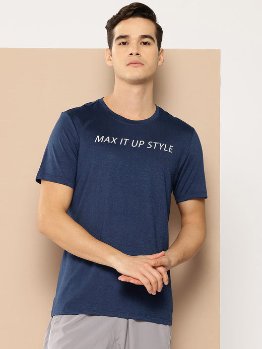 Alcis Men Navy Blue Typography Printed Anti Static Slim Fit Sports T-shirt