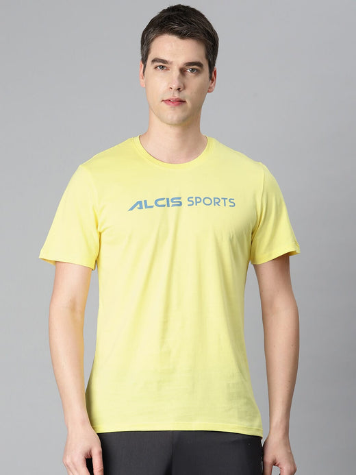 Alcis Men Yellow Typography Printed Anti Static Slim Fit Sports T-shirt