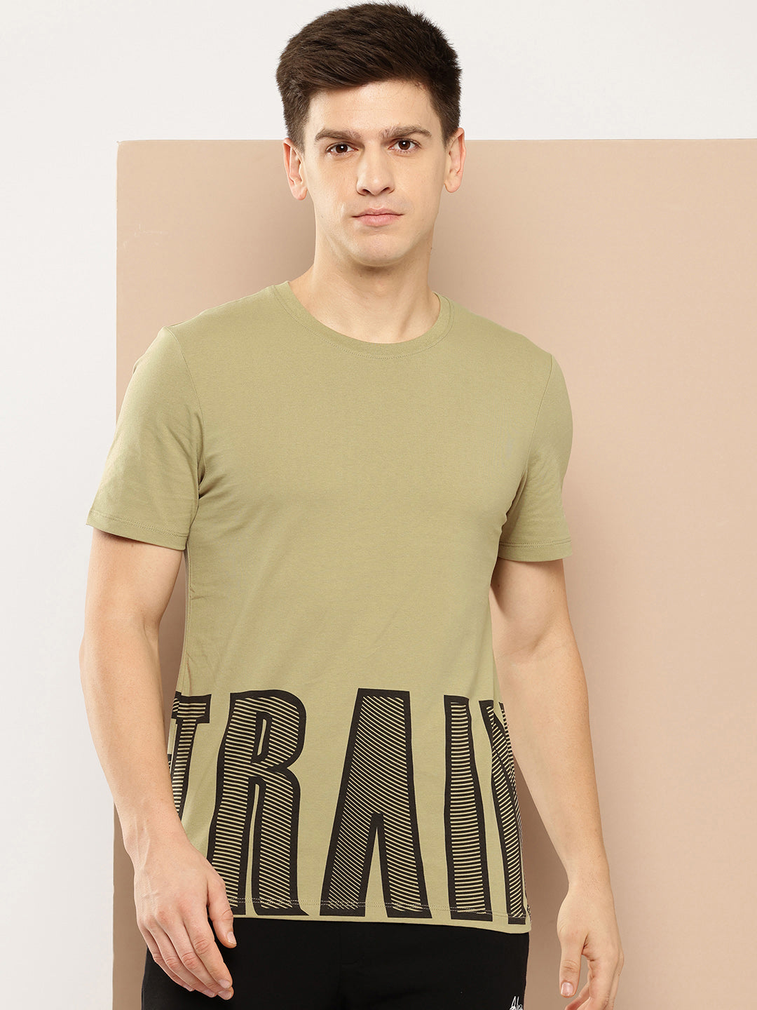 Alcis Men Khaki Typography Printed Dry Tech Slim Fit Sports T-shirt