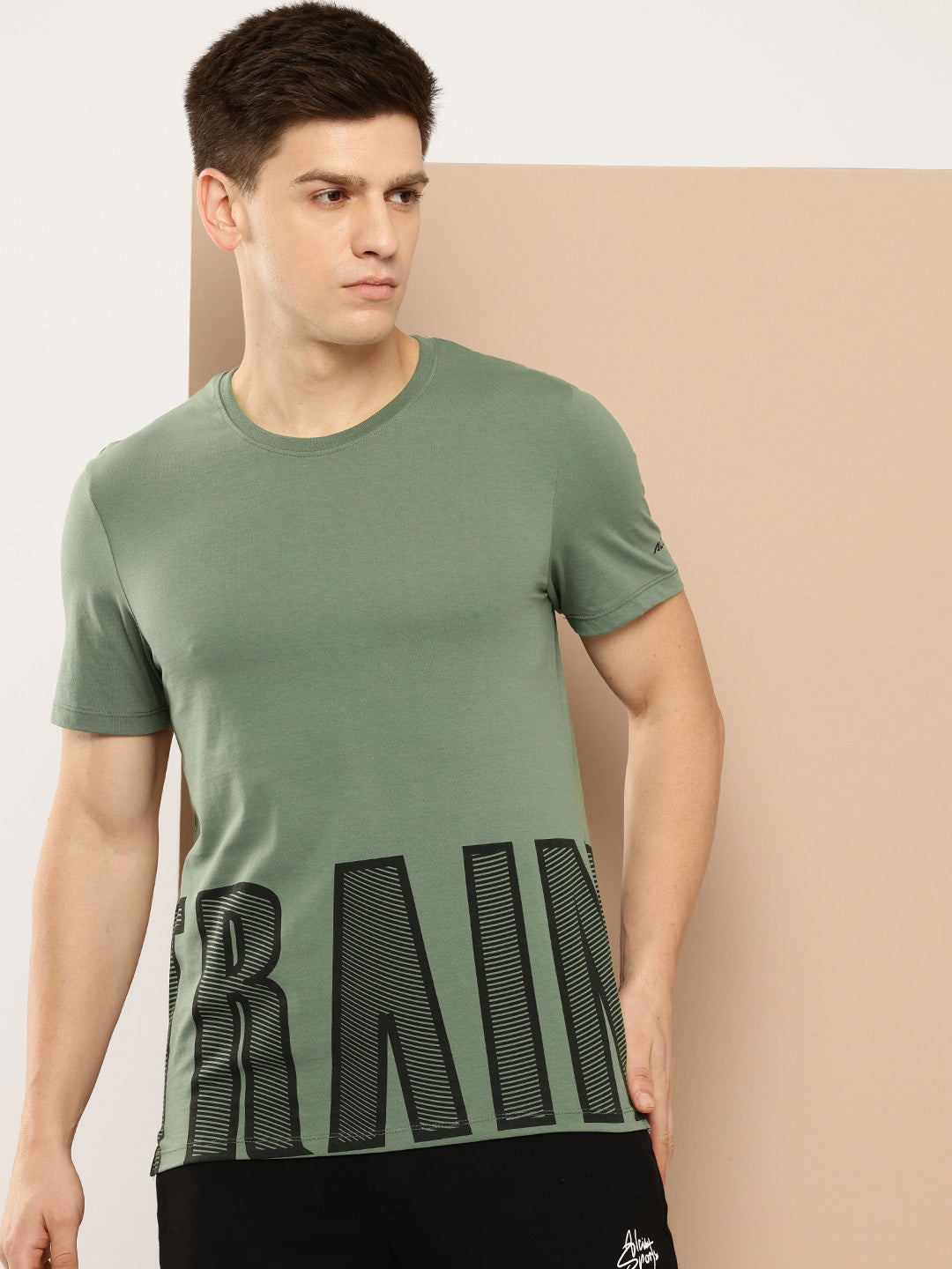 Alcis Men Green Black Typography Printed Dry Tech Slim Fit Sports T-shirt