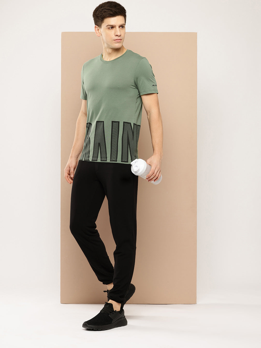 Alcis Men Green Black Typography Printed Dry Tech Slim Fit Sports T-shirt