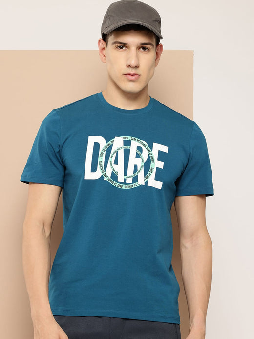 Alcis Men Blue White Typography Printed T-shirt