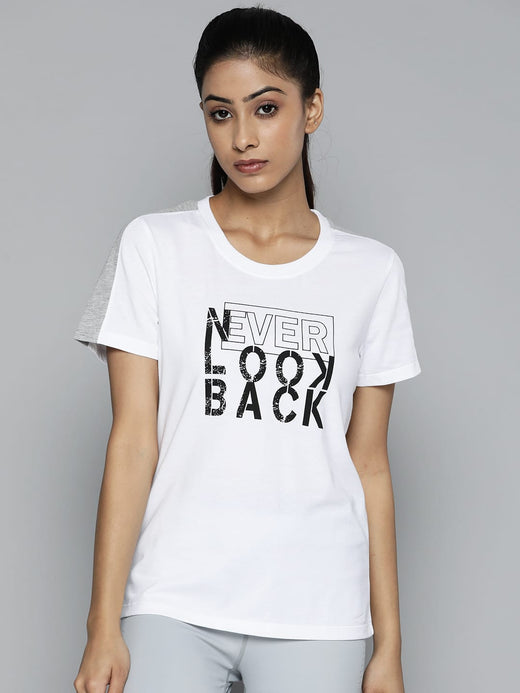 Women White & Black Typography Printed Slim Fit Training or Gym T-shirt