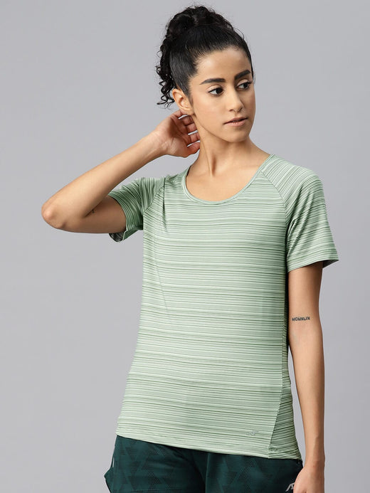 Alcis Women Green Striped Dry Tech Slim Fit T-shirt