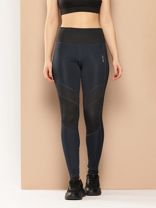 Alcis Women Blue and Black Colorblocked Tights