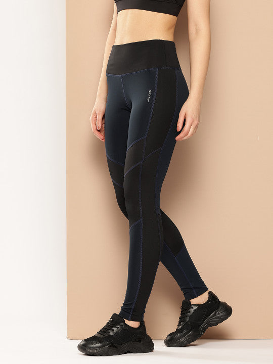 Alcis Women Blue and Black Colorblocked Tights