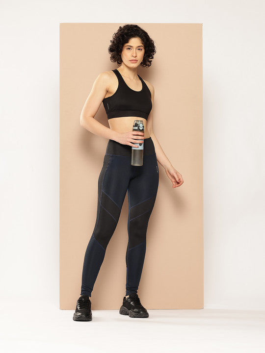 Alcis Women Blue and Black Colorblocked Tights