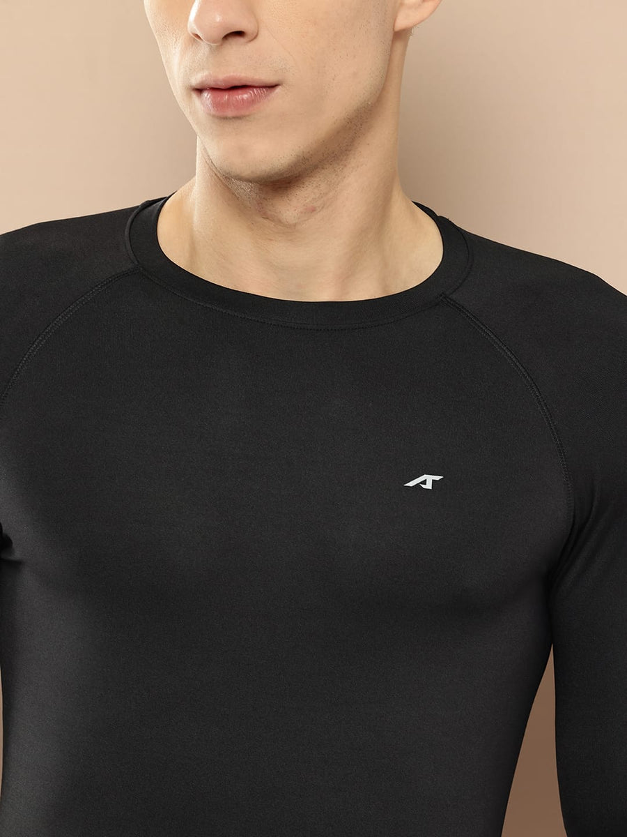 
                    
                      Alcis MaxLock compression tee in black for men with flexible poly lycra fabric for sports and everyday training.
                    
                  