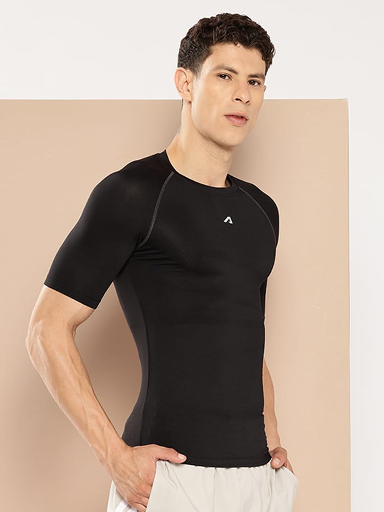 
                    
                      Alcis black Power Skin performance T-shirt for men with lightweight compression fit and half sleeves.
                    
                  