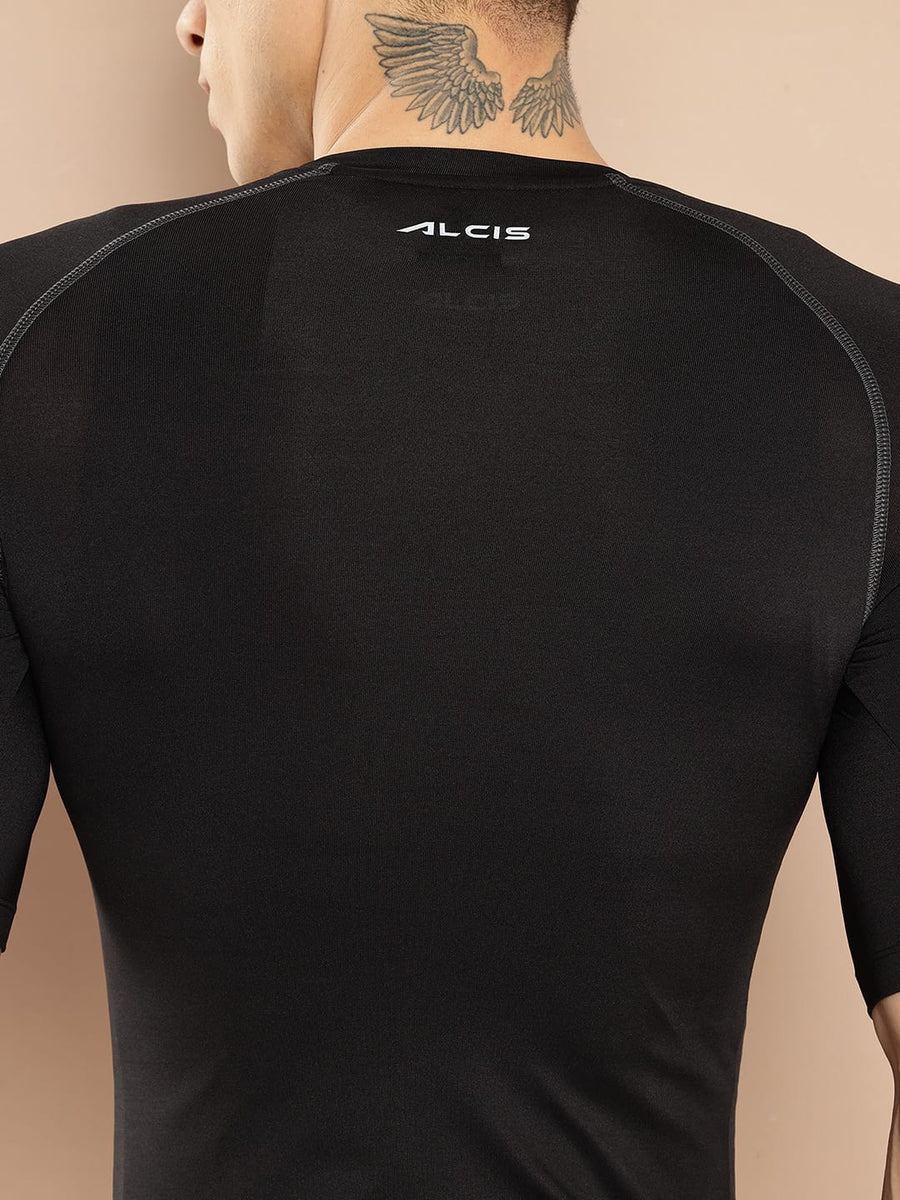 
                    
                      Alcis black half sleeve compression T-shirt for men with supportive stretch fabric for sports and fitness.
                    
                  