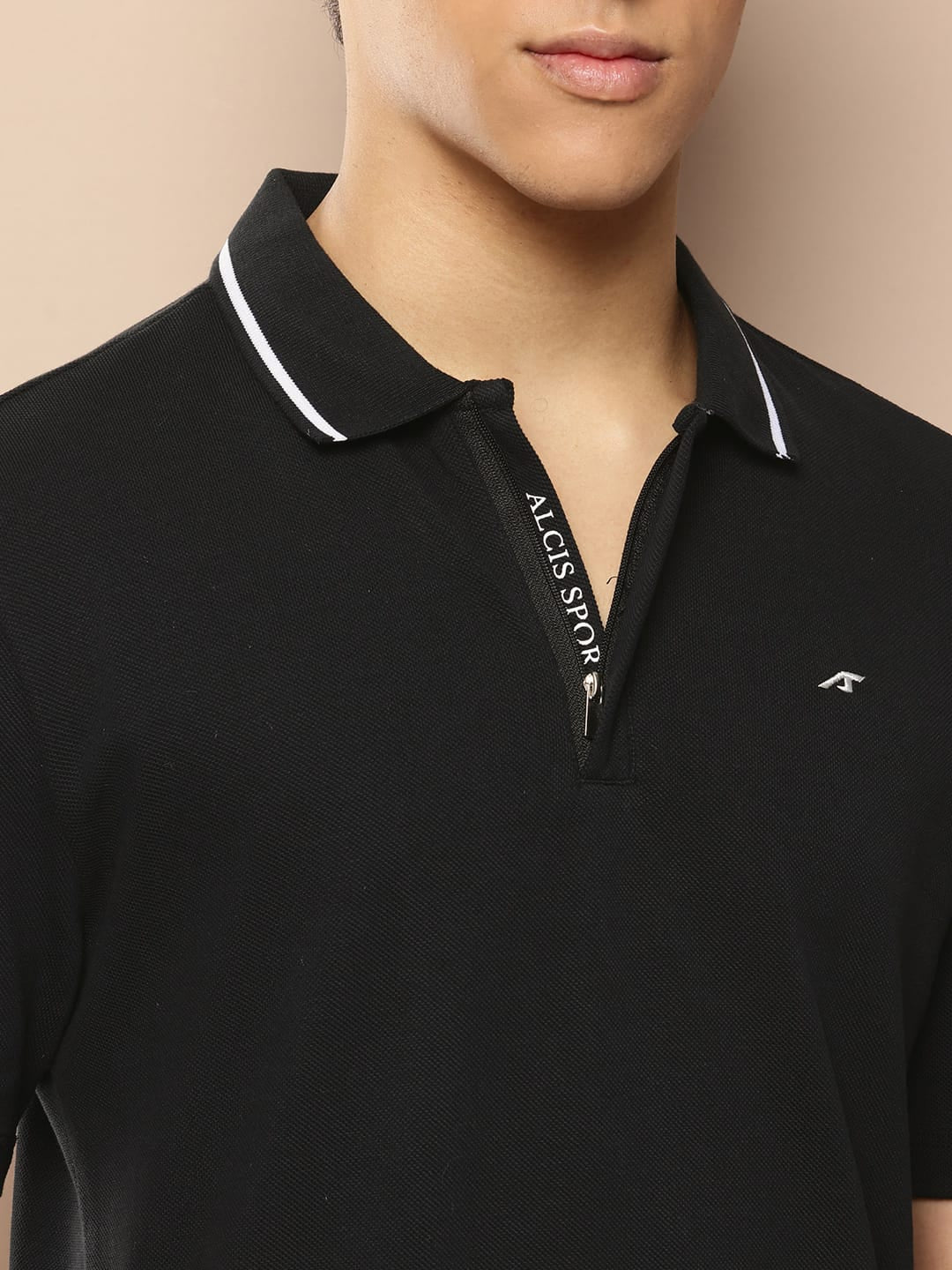 Alcis men black sports casual polo tee with hidden zip, slim fit and premium cotton construction.