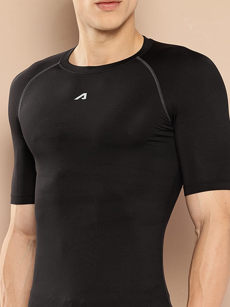 
                    
                      Alcis men black sports compression tee designed for gym training, workouts and active lifestyle.
                    
                  