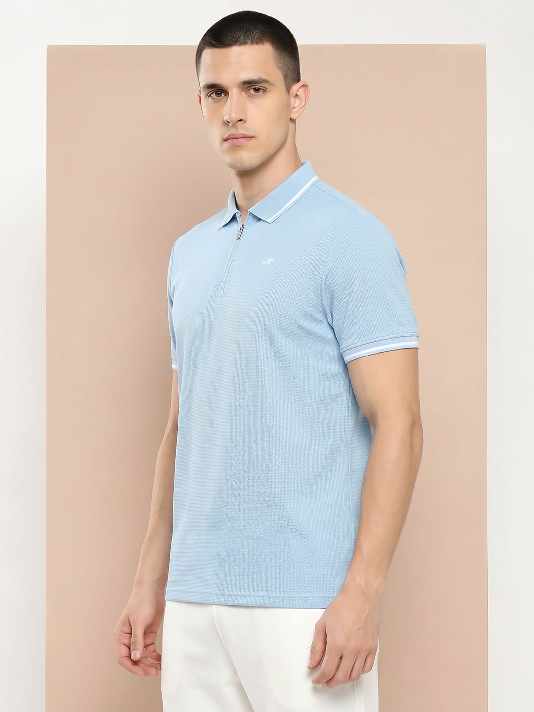 Alcis men sky blue Core Pique polo T-shirt with half-zip closure and slim fit design.