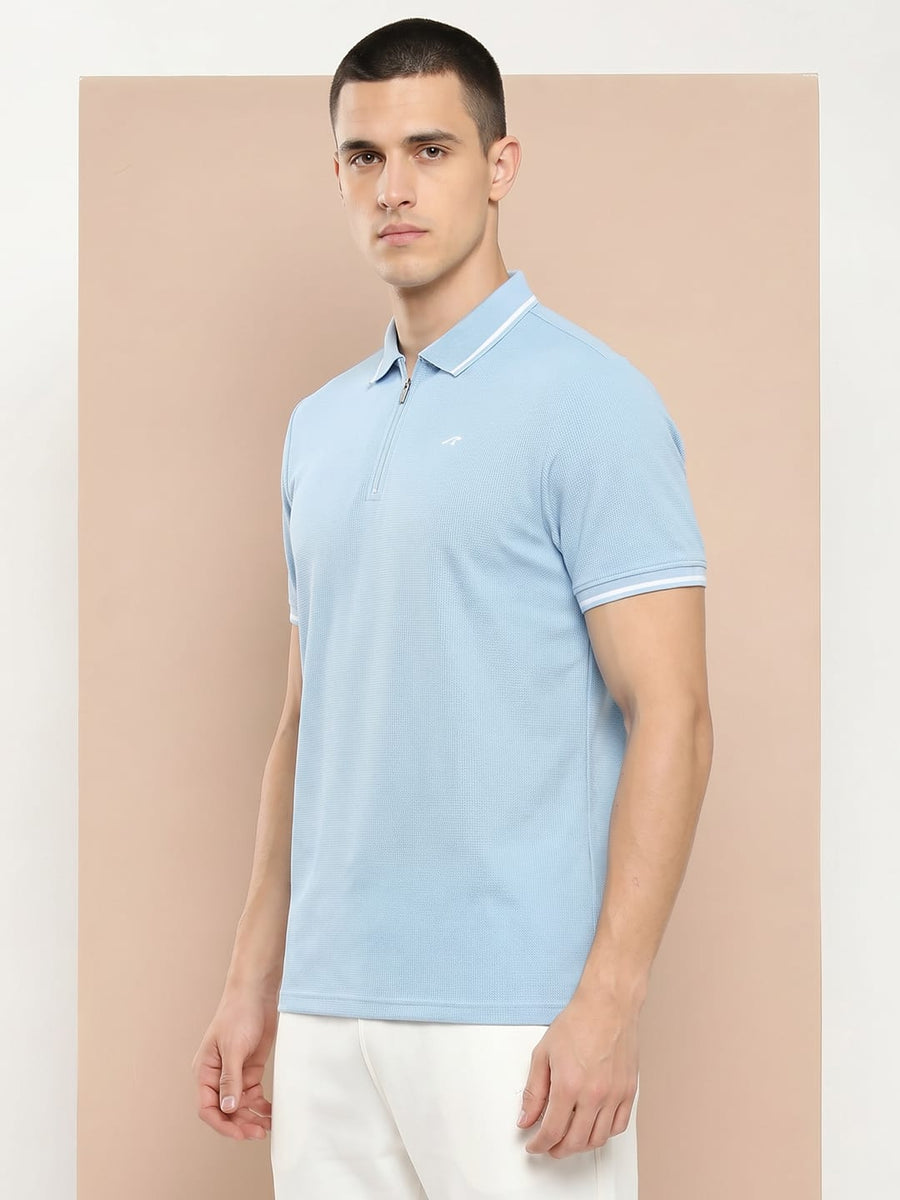 Alcis men sky blue Core Pique polo T-shirt with half-zip closure and slim fit design.