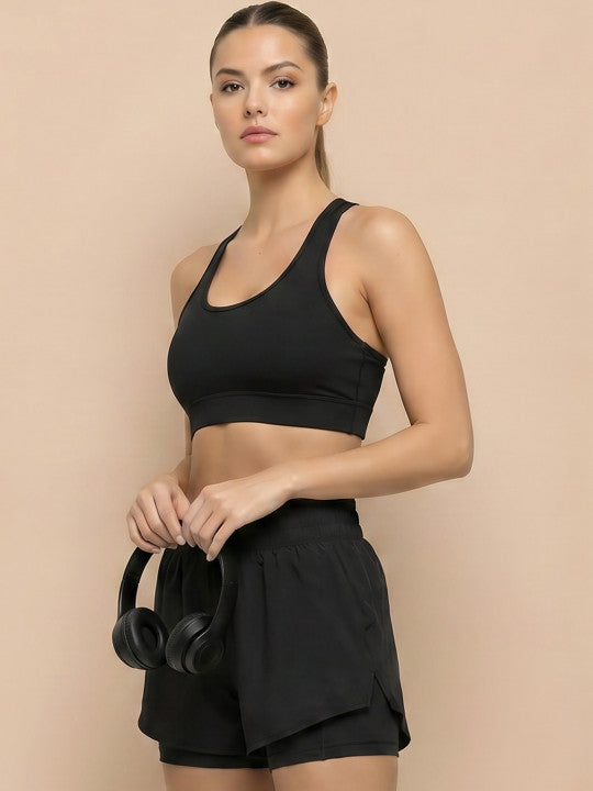 Alcis women black Power Hold active bra with light padding and stretch poly lycra fabric for workouts.