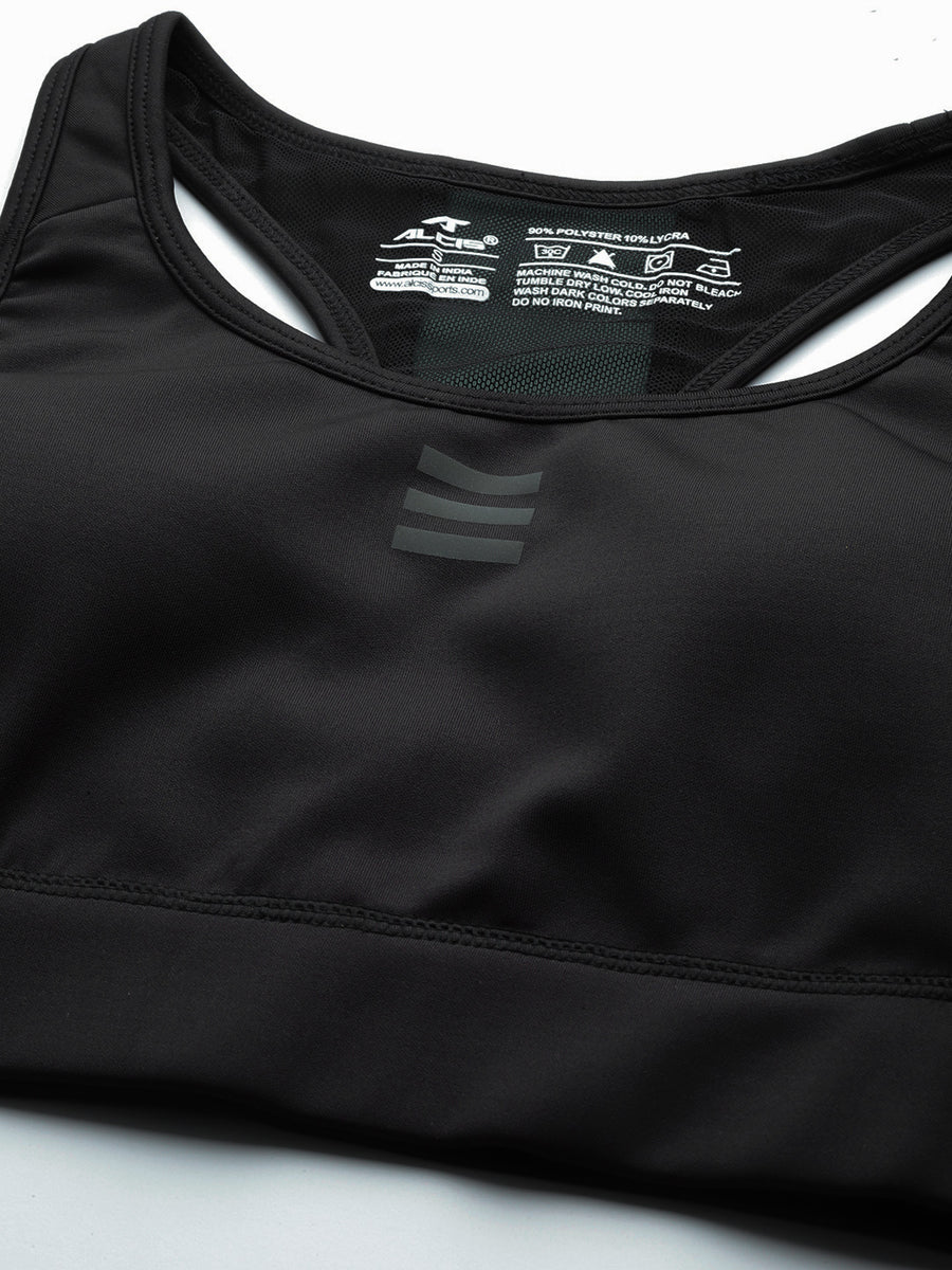 
                    
                      Alcis women black grey sports bra with soft knitted fabric, non-wired comfort and full workout support.
                    
                  
