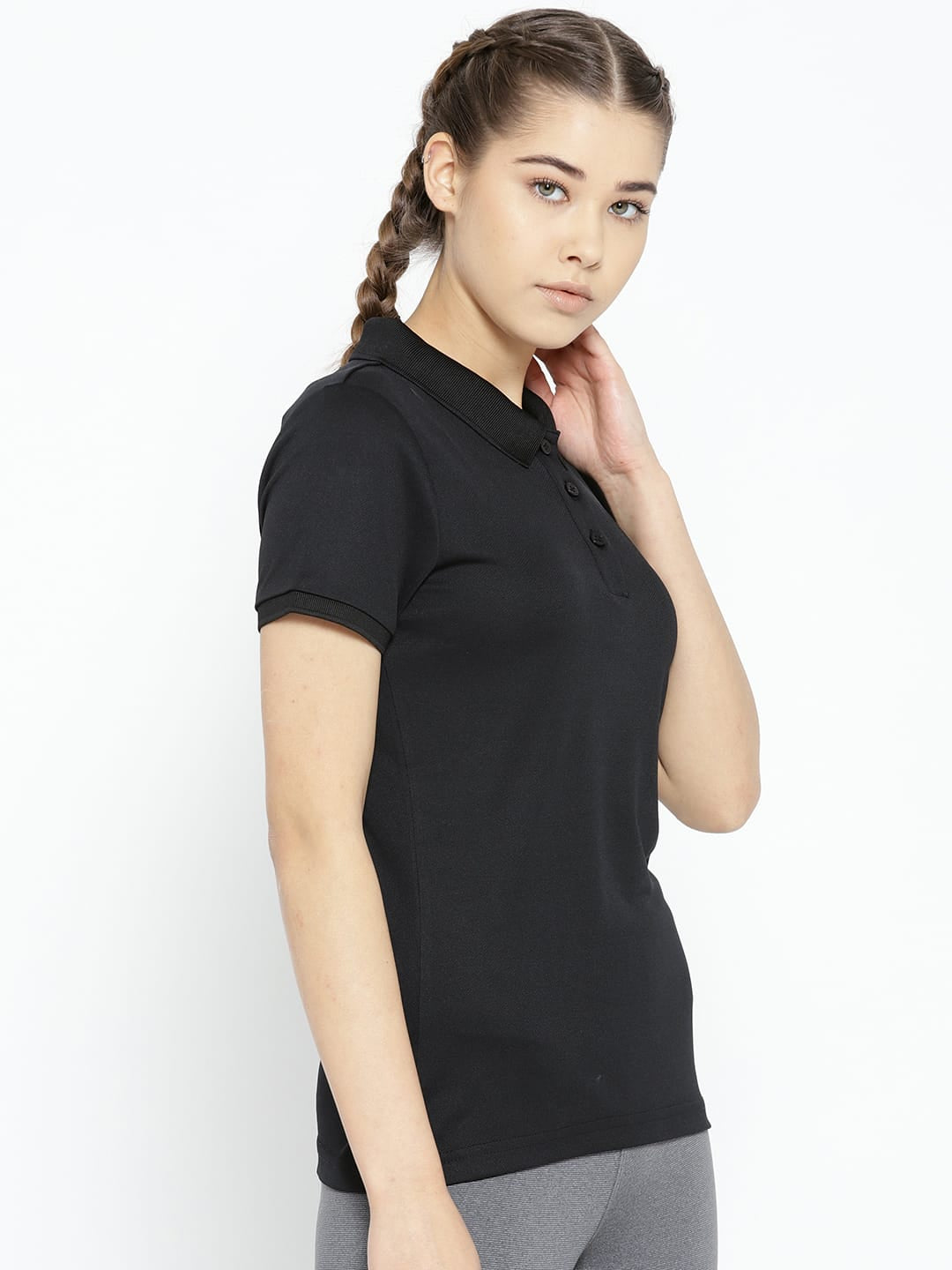 Alcis women black polo collar T-shirt with moisture-friendly fabric for workouts, sports and everyday wear.