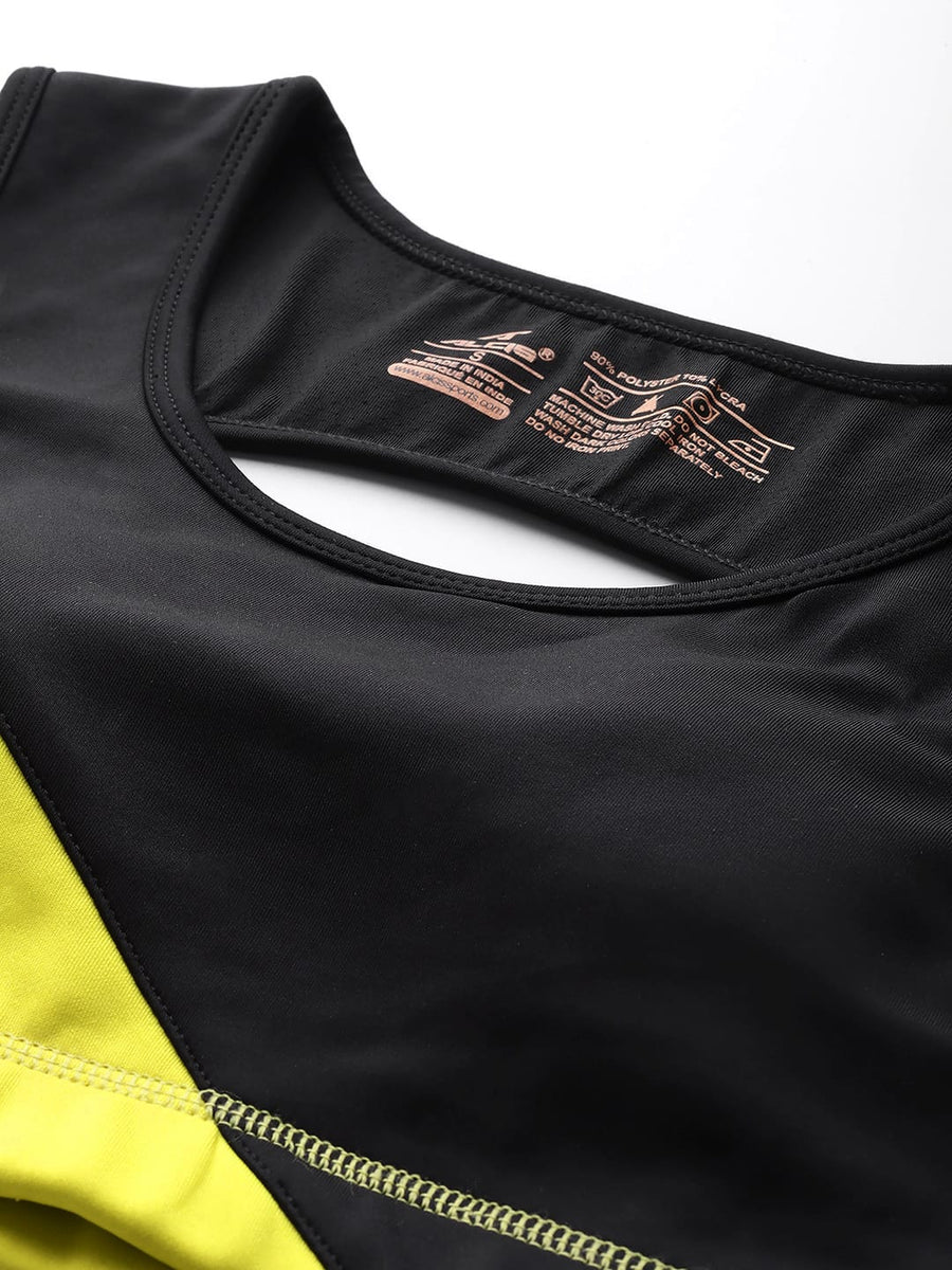 
                    
                      Alcis women black yellow U-neck lightly padded bra with fashionable colourblocked pattern and comfortable fit
                    
                  