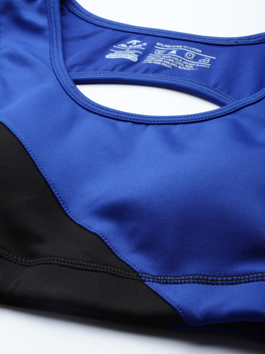 
                    
                      Alcis women cobalt blue black sports bra with padded cups, sleeveless design and smooth seamless construction.
                    
                  