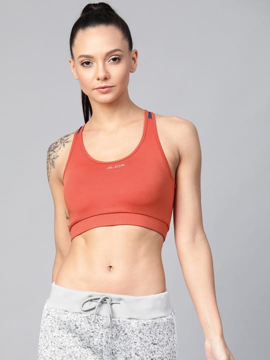 Alcis women redwood non-wired training sports bra with 360 degree support and slim fit design.