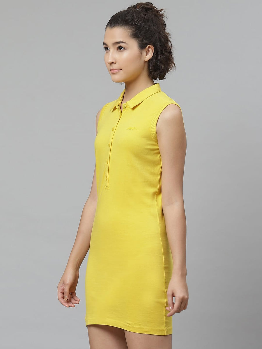 
                    
                      Alcis yellow sleeveless T-shirt dress for women made from 100% cotton fabric for casual and active wear.
                    
                  