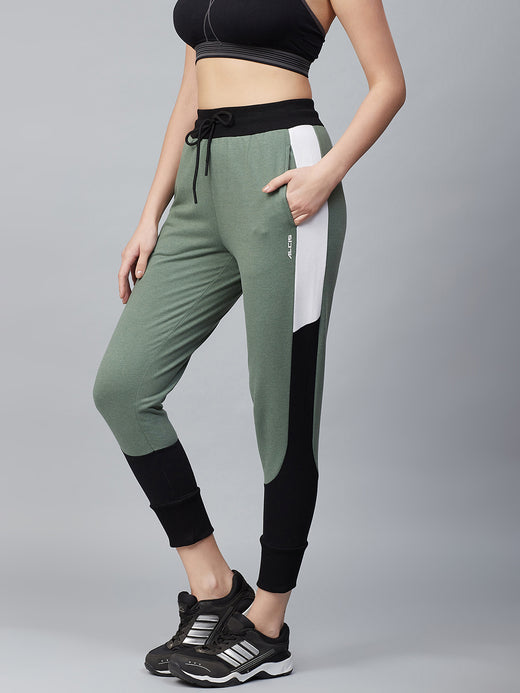 Alcis Women Olive Green & Black Solid Joggers