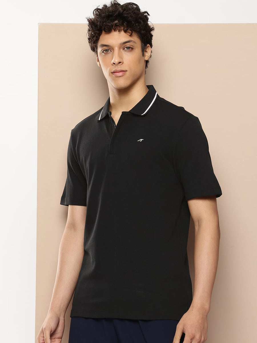 
                    
                      Men's black half sleeve polo T-shirt with hidden zip design and breathable cotton fabric by Alcis.
                    
                  