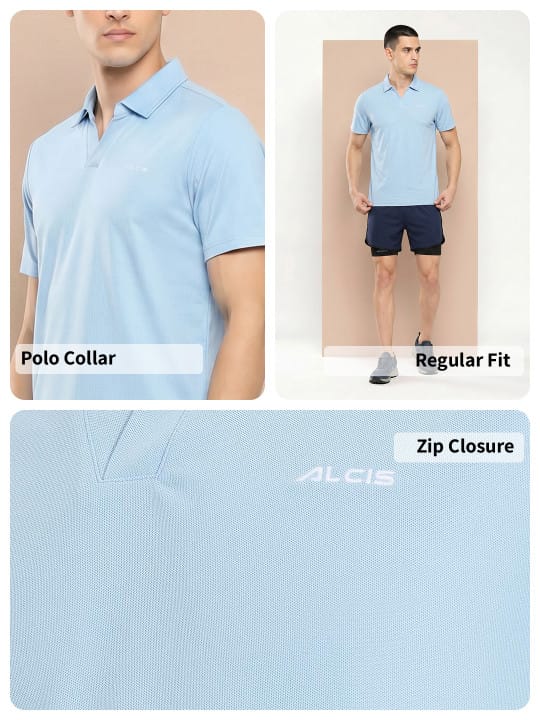 Men's sky blue slim fit sports casual polo by Alcis with soft lightweight fabric and modern design.