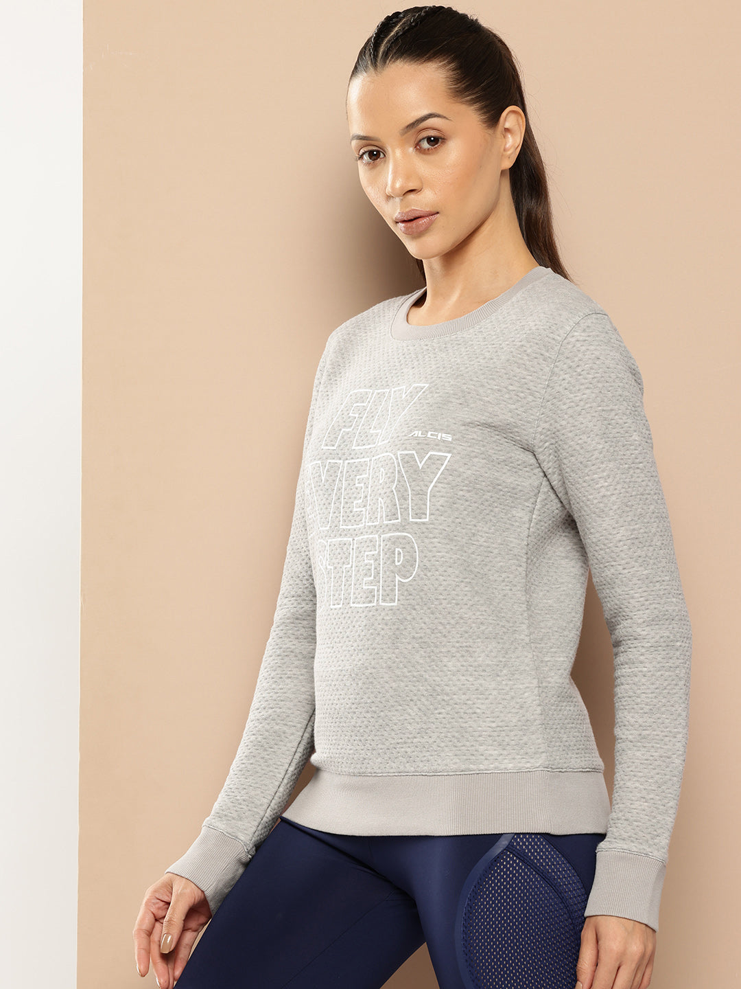 Alcis Women Grey Melange Typography Printed Textured Applique Sweatshirt