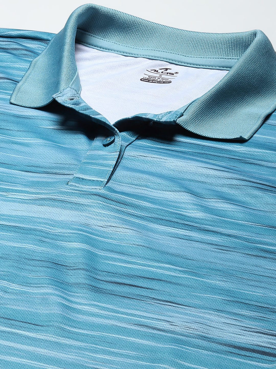 Women's blue striped polo T-shirt by Alcis featuring breathable mock eyelet mesh fabric for active wear.