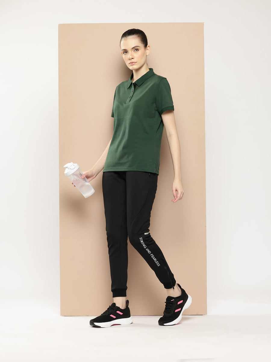 
                    
                      Women's green athleisure polo by Alcis made from breathable cotton poly fabric for active lifestyles.
                    
                  