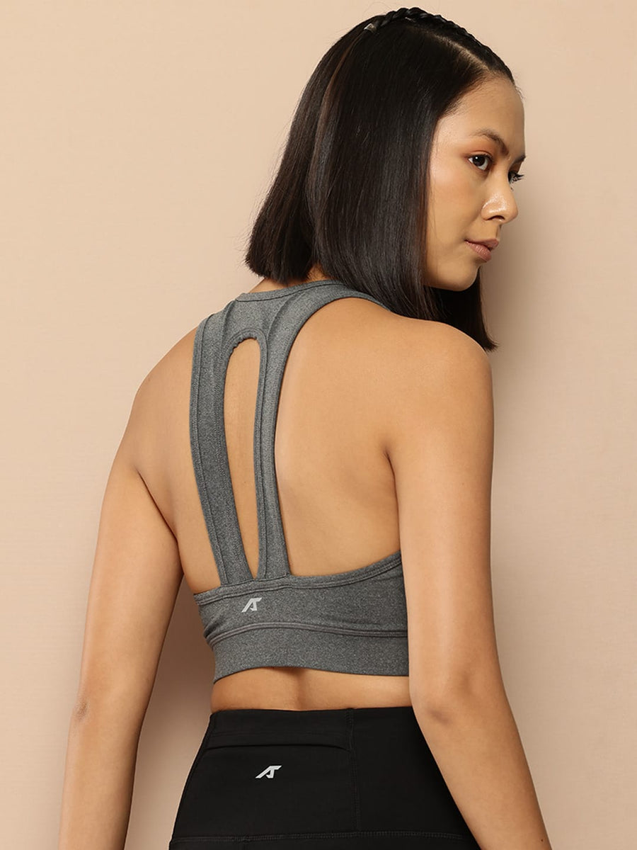 
                    
                      Women's grey slim fit athleisure sports bra by Alcis for yoga, running and gym workouts.
                    
                  
