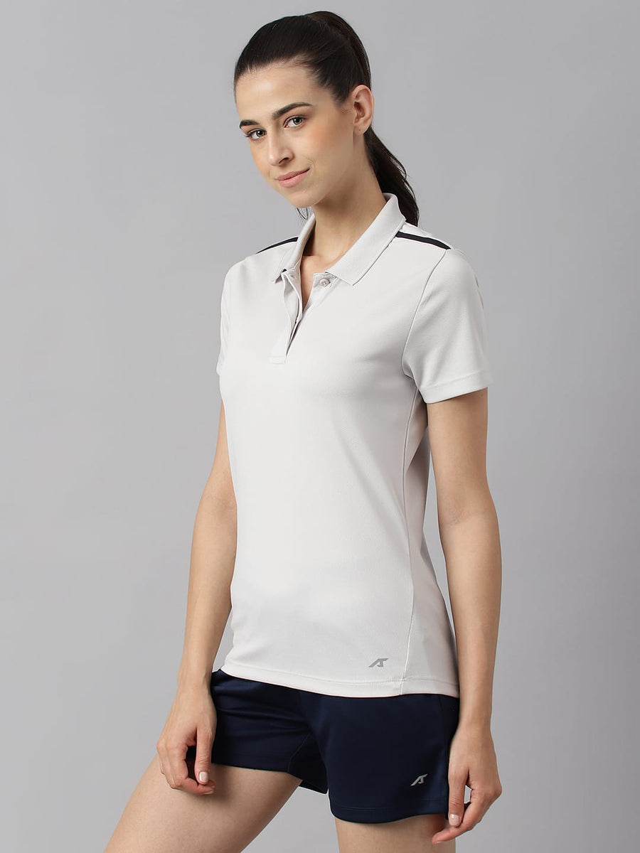 Women's light grey slim fit sports polo by Alcis with Soft-Touch, Airvent-X and Light-X performance fabric.